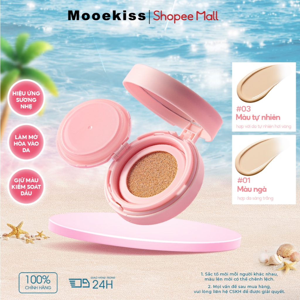 Kem dưỡng ẩm đệm Mooekiss phù hợp cho cả da dầu và khô, cung cấp độ che phủ lâu dài, kiểm soát dầu và làm sáng da