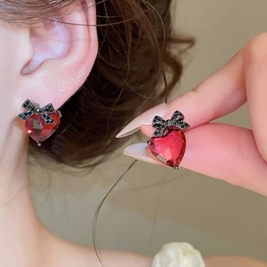 Trái Tim Đỏ & Nơ Đen Kim Cương Giả Tuyên Bố Bông Tai Ngọt Mát Y2K Trang Sức Tiệc Hàng Ngày Cho Nữ