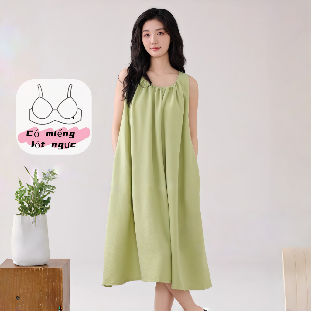 【Có miếng ngực】Đầm ngủ nữ mùa xuân hè mới 20256– Chất liệu cotton 100% thoáng mát – Dáng rộng thoải mái, che bụng, mặc ở nhà hay đi chơi đều đẹp – Có quai điều chỉnh, phong cách tối giản