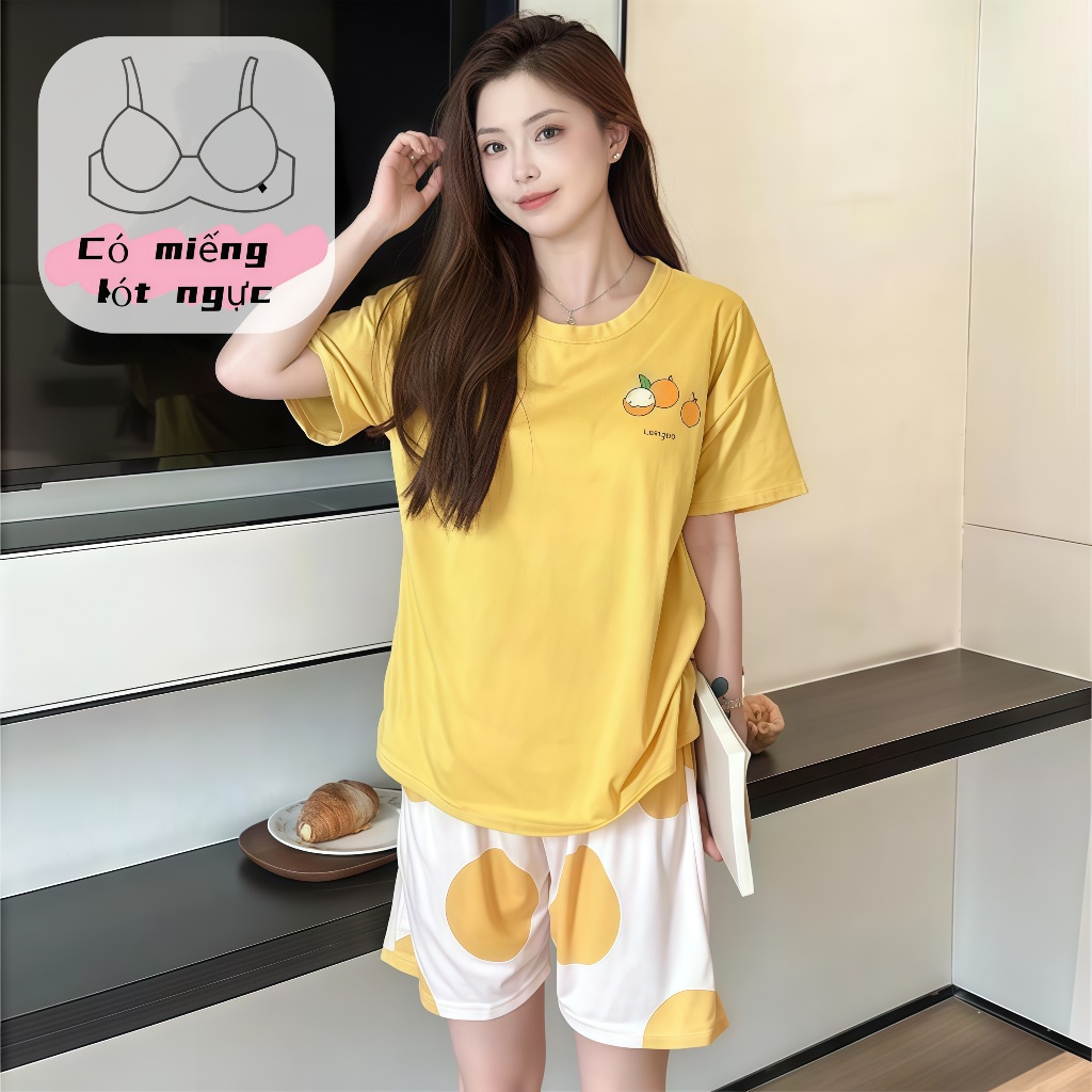 【Bộ có đệm ngực】Đồ mặc nhà nữ bộ tay ngắn quần đùi cotton xuân hè cổ trơn trơn màu in hình đáng yêu mặc ở nhà ra ngoài