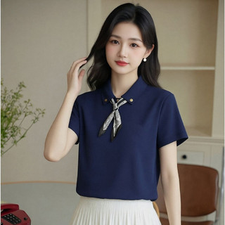 【Nên mua】áo kiểu nữ polo tay ngắn, kèm khăn lụa trang trí, màu xanh/ xám dáng ôm