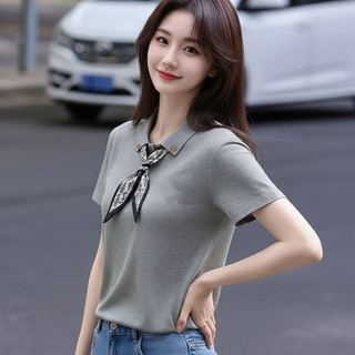 【Nên mua】áo kiểu nữ polo tay ngắn, kèm khăn lụa trang trí, màu xanh/ xám dáng ôm