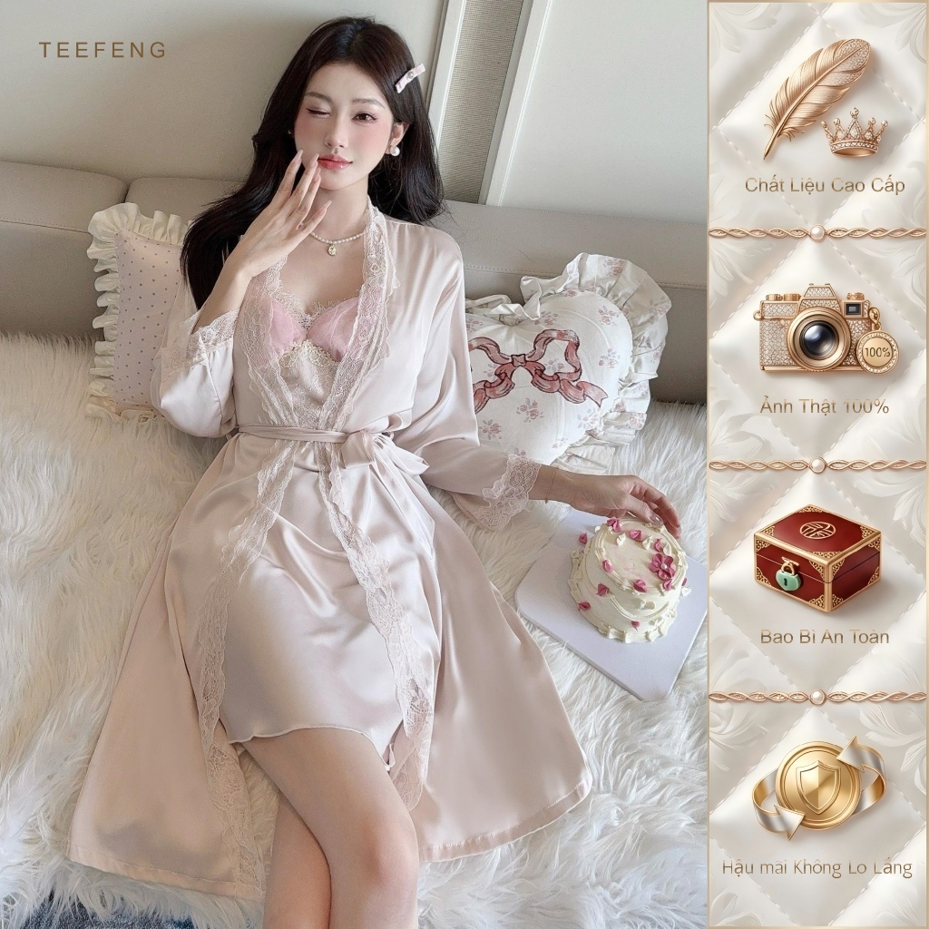 TEEFENG Váy Ngủ Nữ Lụa Cao Cấp Ren Viền Phong Cách Sang Trọng Sling Mùa Hè Mỏng Homewear