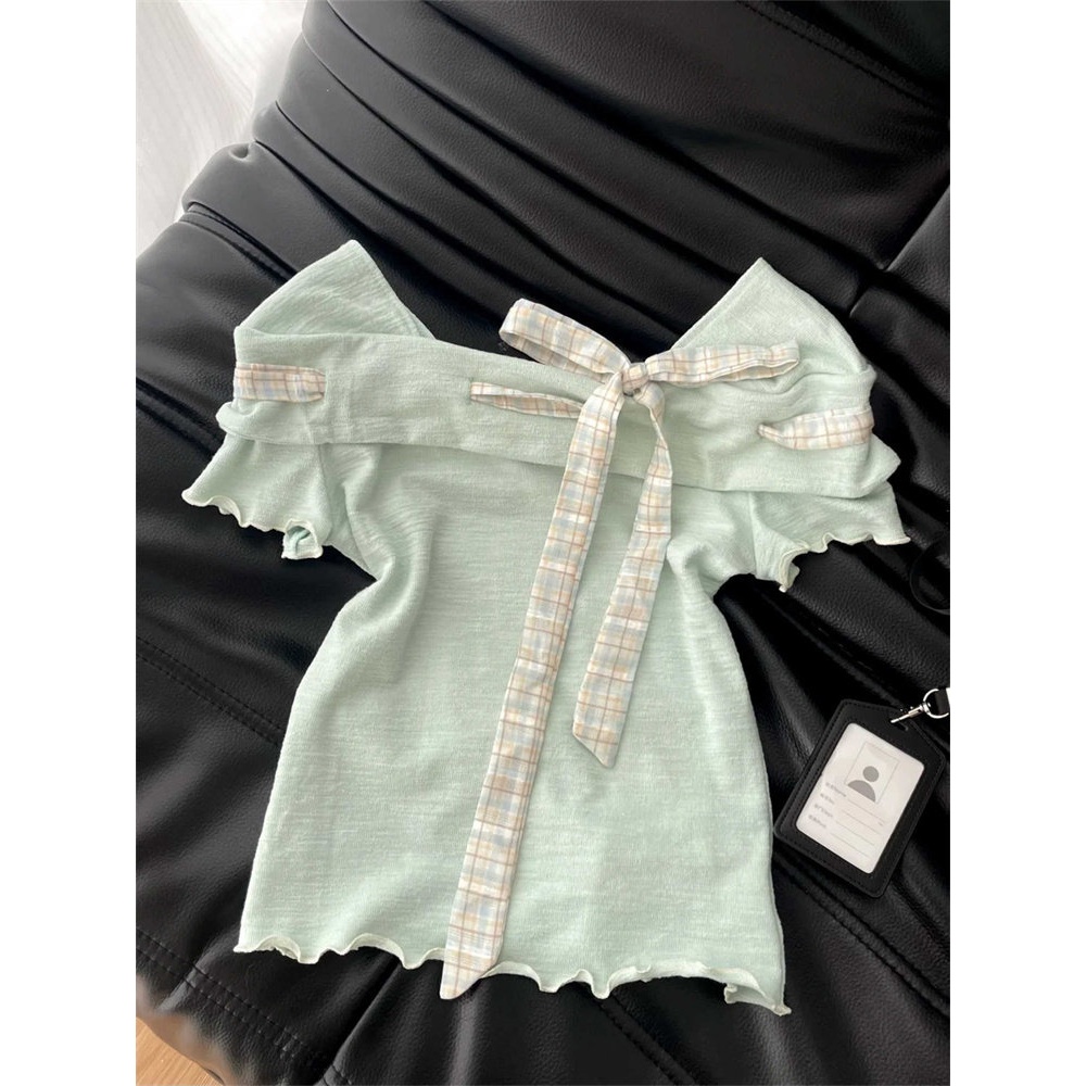 [BANKO] Phụ nữ Pháp mùa hè Slim-fit Fungus Edge được kiểm tra có dây cổ vuông ngắn tay T @
