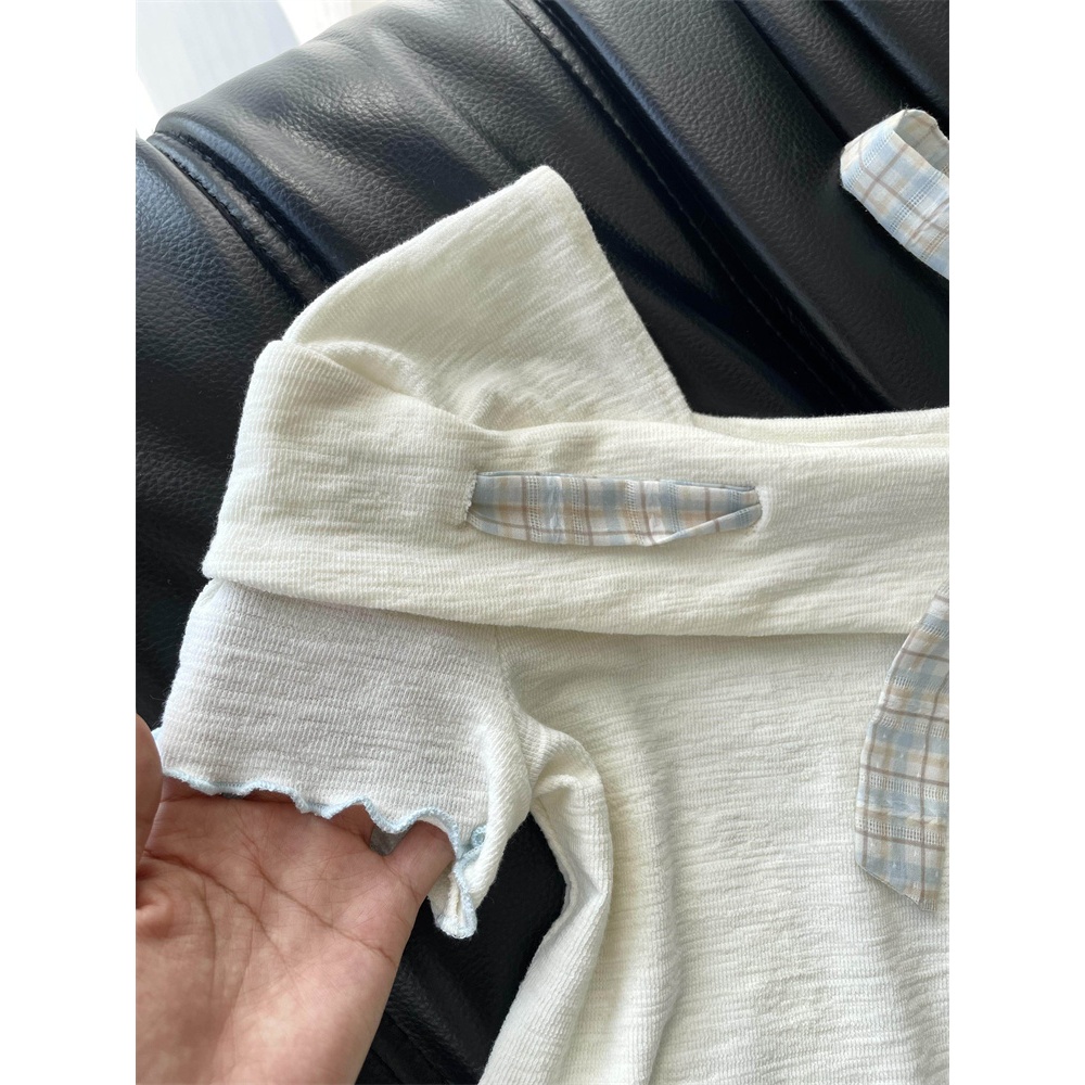 [BANKO] Phụ nữ Pháp mùa hè Slim-fit Fungus Edge được kiểm tra có dây cổ vuông ngắn tay T @