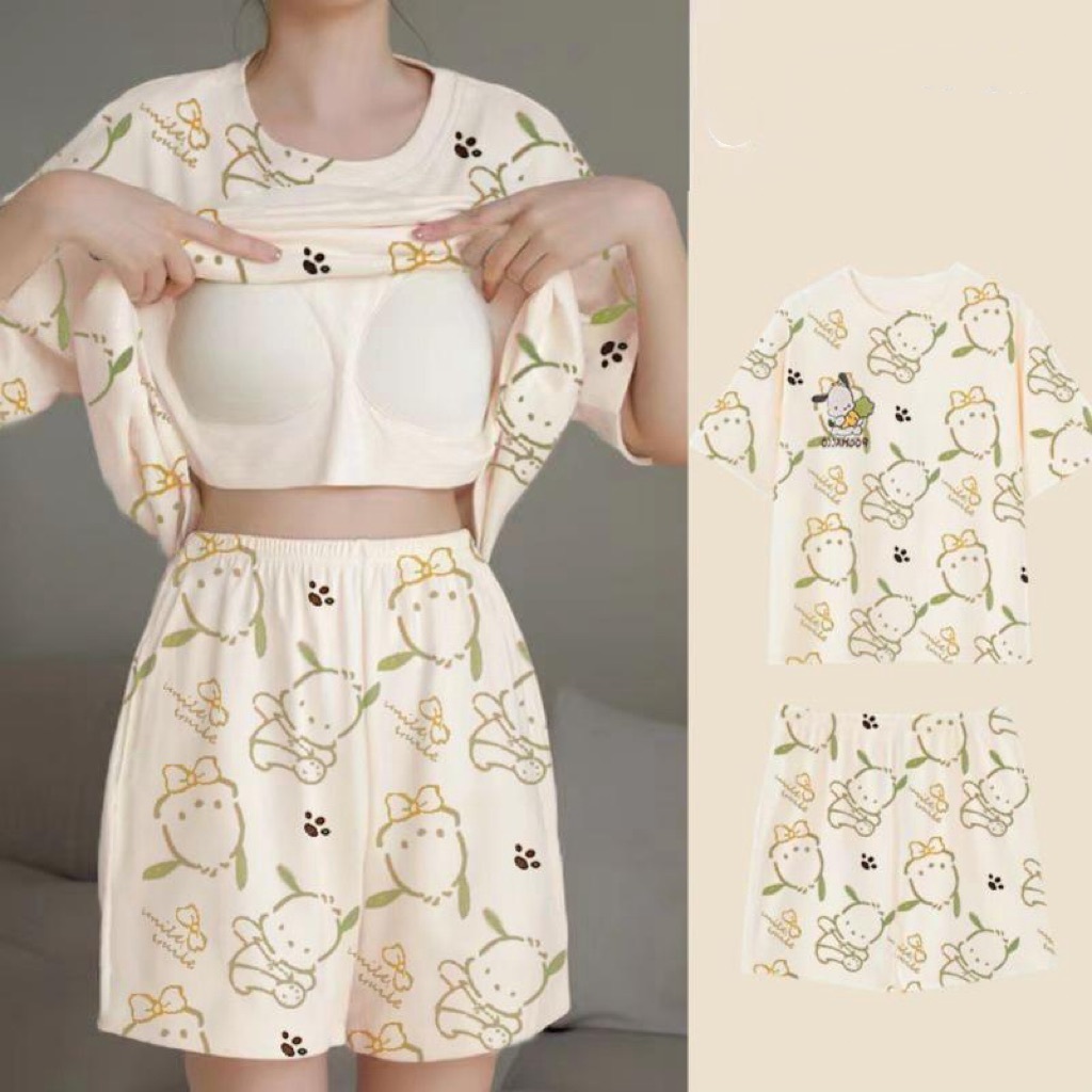 【Có miếng lót ngực – Bán chạy】Bộ đồ ngủ mùa hè mỏng nhẹ – Cổ tròn, áo tay ngắn + quần short – Giá tốt, chất lượng cao – Đồ mặc nhà / đồ ngủ nữ