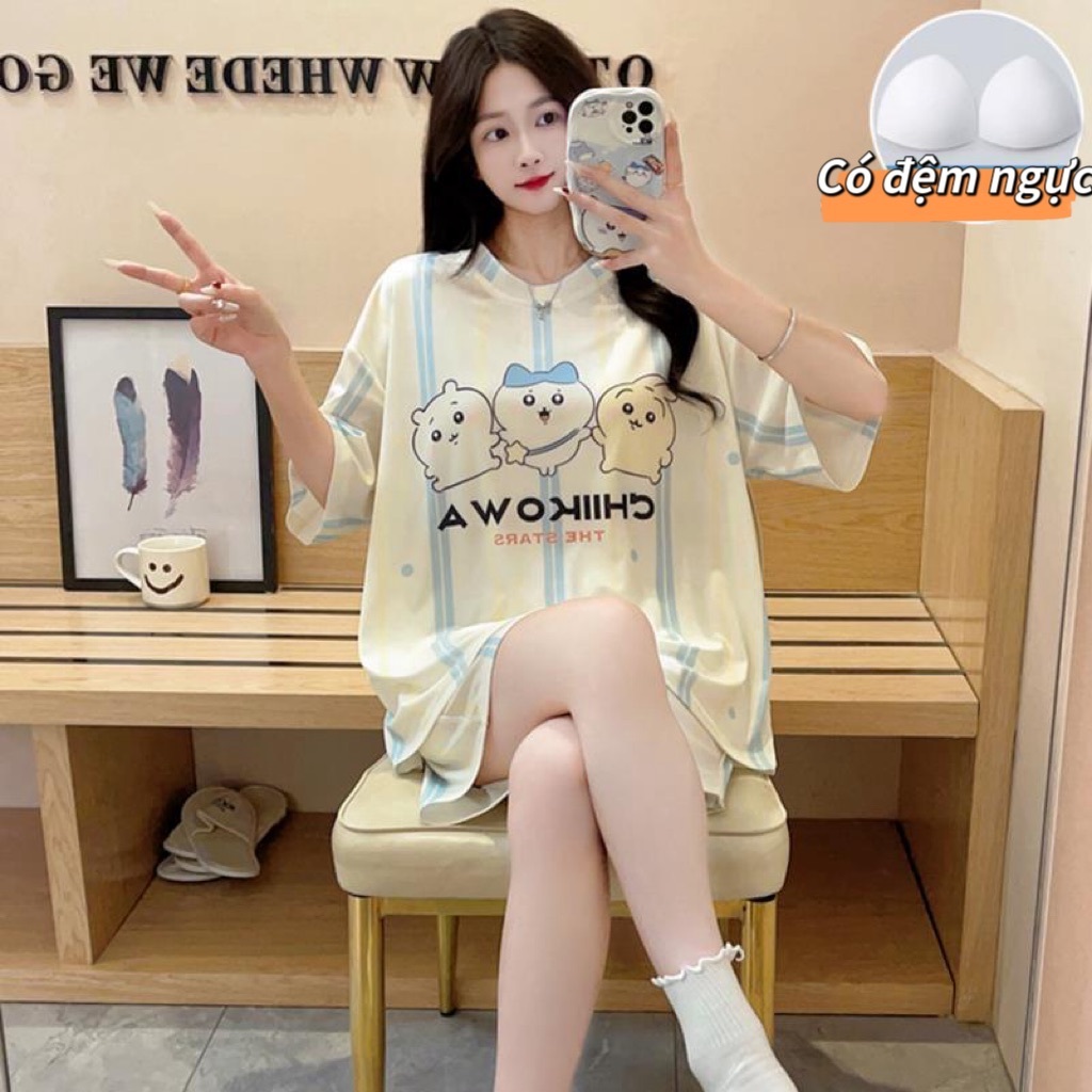【Có miếng lót ngực – Bán chạy】Bộ đồ ngủ mùa hè mỏng nhẹ – Cổ tròn, áo tay ngắn + quần short – Giá tốt, chất lượng cao – Đồ mặc nhà / đồ ngủ nữ