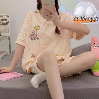 【Có đệm ngực】Bộ đồ ngủ mùa hè mới nhất – áo tay ngắn + quần sooc, in họa tiết hoạt hình dễ thương – Dành cho học sinh, nữ sinh. Đồ mặc nhà.