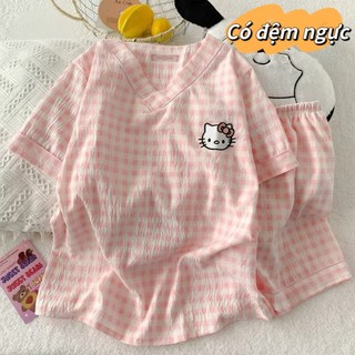 【Bông nguyên chất có miếng lót ngực】Bộ đồ ngủ mùa hè cổ V thoải mái - Áo thun + Quần đùi, chất liệu mát mịn, đánh giá 5 sao, thích hợp mặc nhà
