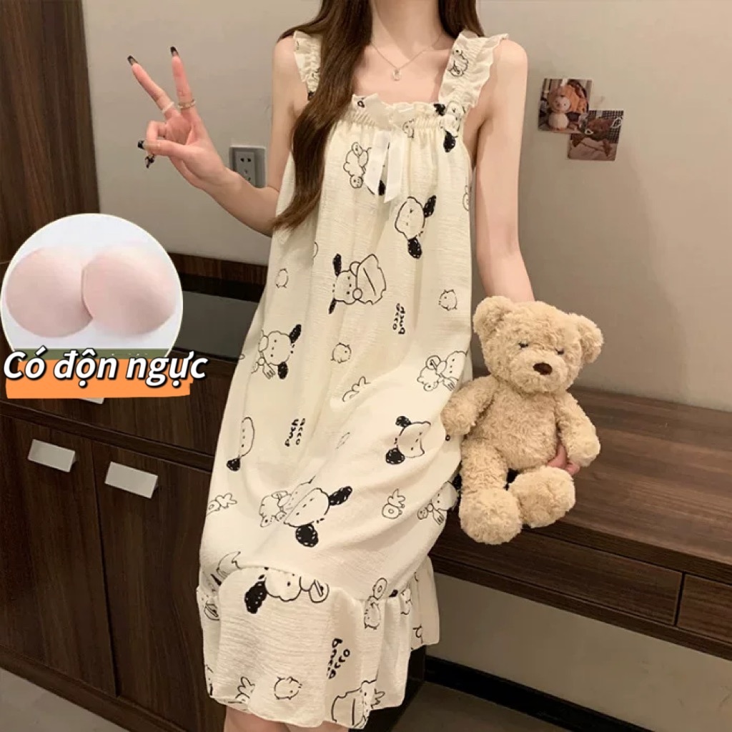 【Có độn ngực】Đầm ngủ nữ phong cách Hàn Quốc dễ thương mới xuân hè 2026: Áo dây quai in hình hoạt hình xinh xắn, cotton mát dáng rộng, có cúp ngực tháo rời【mặc nhà hay dạo phố đều đẹp, tiện lợi】