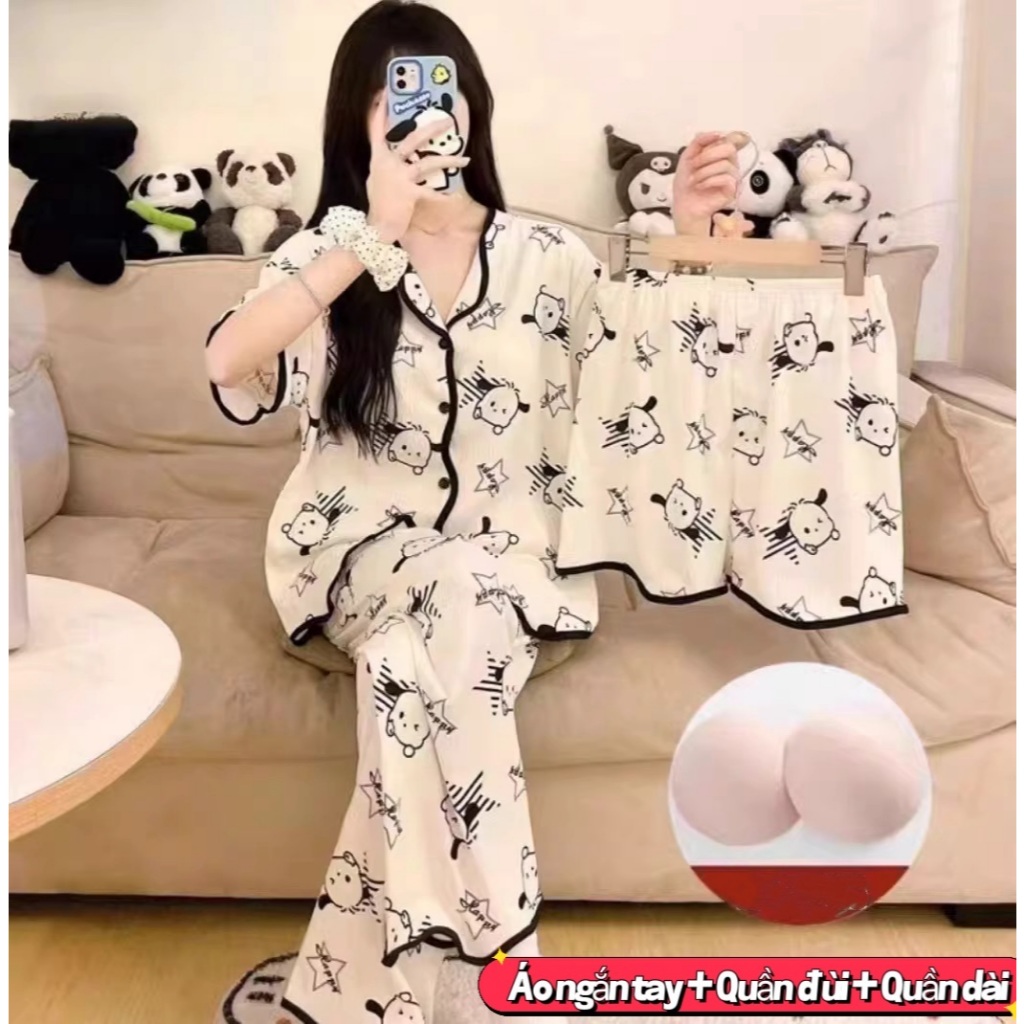 【Bộ 3 món có miếng độn ngực】Bộ đồ ngủ mặc nhà mùa hè cotton 100% – Áo tay ngắn + quần đùi + quần dài – Cổ đeo dáng cài khuy, thời trang, dễ phối, hot trend bán chạy.