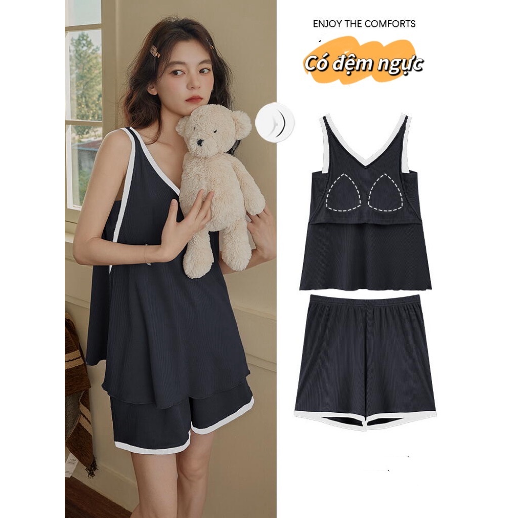 【Lụa + Có miếng lót ngực】Bộ đồ ngủ mùa hè bán chạy – Áo không tay + quần short – Rộng rãi, mát lạnh – Đồ mặc nhà / đồ ngủ nữ