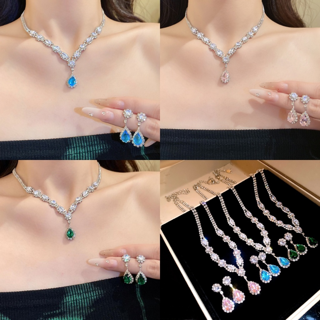Bộ trang sức đính đá hình giọt nước màu xanh sang trọng Vòng cổ tiệc cưới & Bông tai dành cho nữ