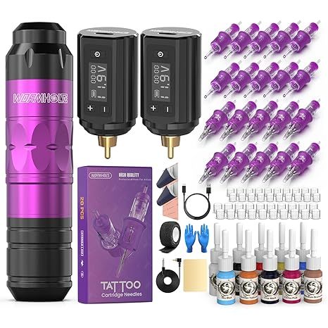 Bộ máy xăm không dây Wormhole 2 CÁI Bộ bút xăm pin 1200mAh với 20 hộp mực Kim màu tím