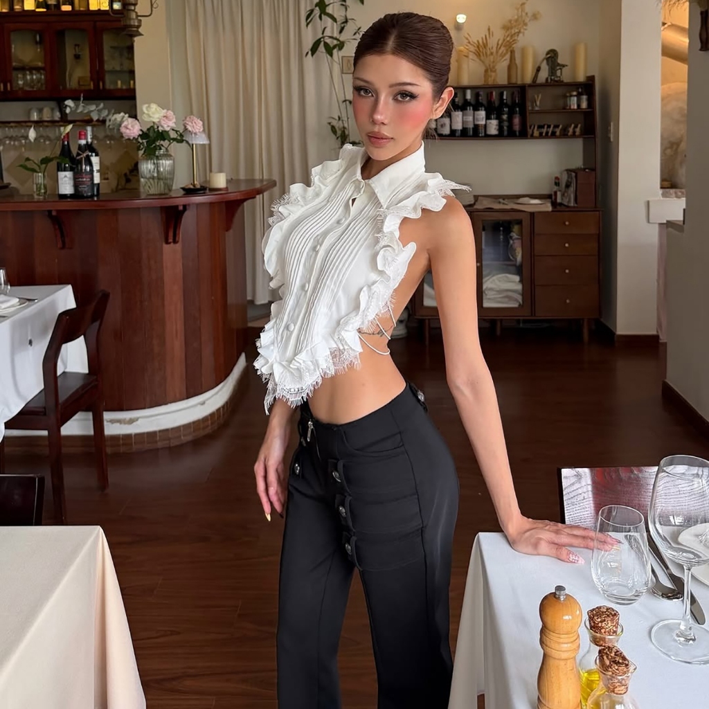 Cutenew Gợi Cảm Lưng Băng Áo Sơ Mi Ruffle Cổ Áo Lrregular Hình Nữ Mùa Hè Cay Cô Gái Phong Cách