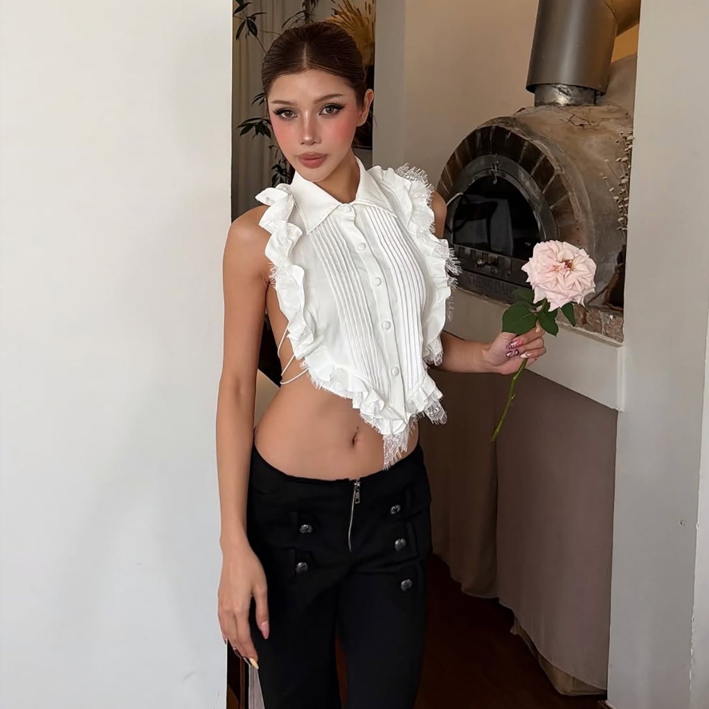 Cutenew Gợi Cảm Lưng Băng Áo Sơ Mi Ruffle Cổ Áo Lrregular Hình Nữ Mùa Hè Cay Cô Gái Phong Cách