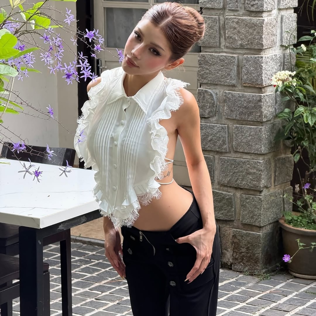 Cutenew Gợi Cảm Lưng Băng Áo Sơ Mi Ruffle Cổ Áo Lrregular Hình Nữ Mùa Hè Cay Cô Gái Phong Cách