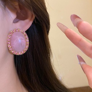 Dopamine Sweet Pastel Hồng Hình Bầu Dục Kim Cương Giả Hào Quang Bông Tai Trang Sức Hàng Ngày Dễ Thương Cho Nữ
