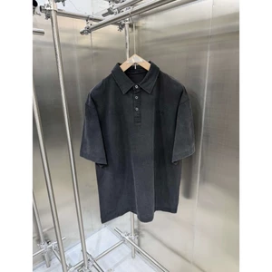 Unisex Quá Khổ Vintage Rửa Áo Sơ Mi Polo Đen Với Logo Thêu Tinh Tế Chi Tiết
