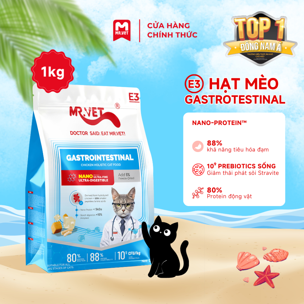 [MỚI] Hạt Cho Mèo MRVET E3 Gói 1KG Công Thức Protein Siêu Mịn, Chăm Sóc Hệ Tiêu Hóa Nhạy Cảm