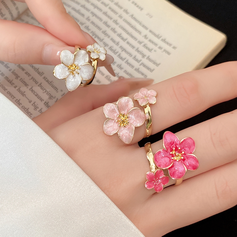 Nhẫn mở tông màu vàng với thiết kế tráng men hoa đôi màu hồng trắng và đỏ Phong cách thanh lịch dành cho nữ Phụ kiện mặc hàng ngày và dự tiệc