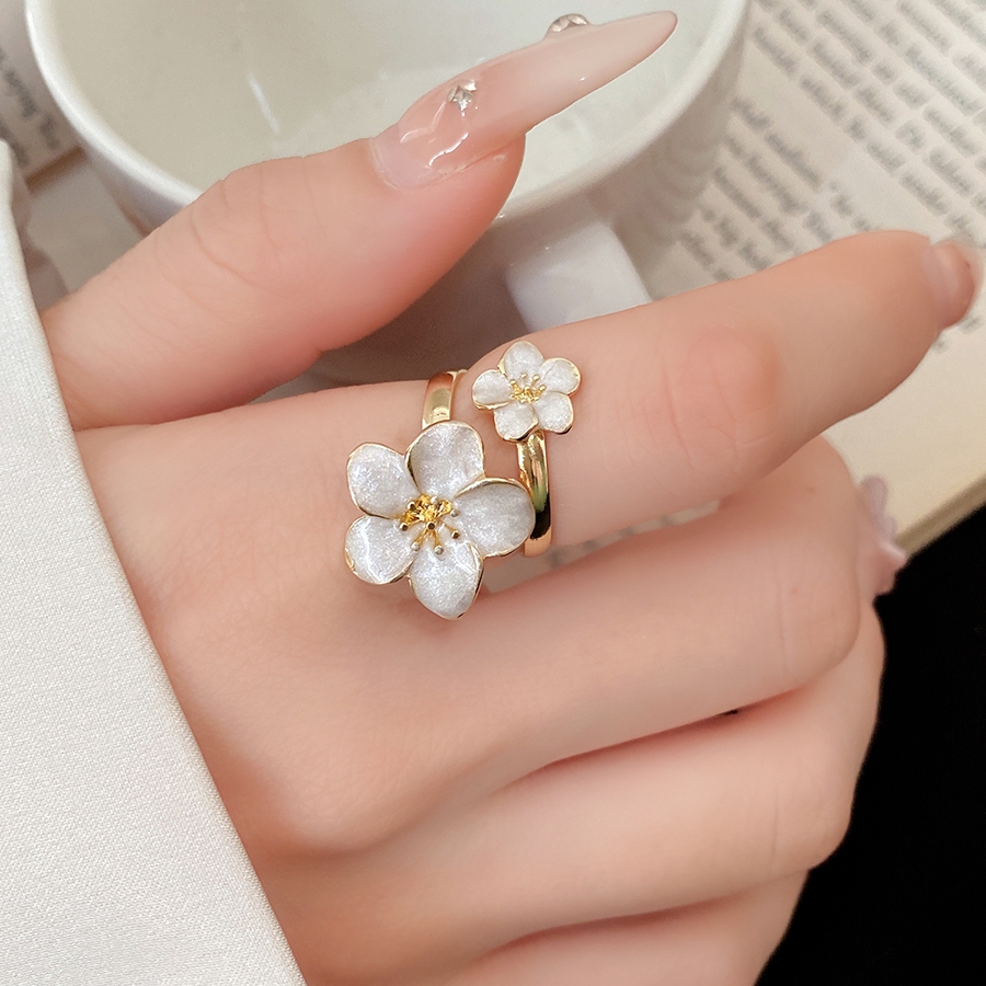 Nhẫn mở tông màu vàng với thiết kế tráng men hoa đôi màu hồng trắng và đỏ Phong cách thanh lịch dành cho nữ Phụ kiện mặc hàng ngày và dự tiệc