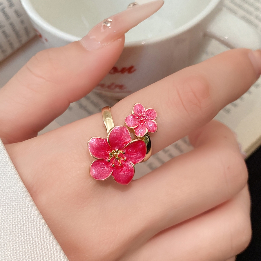 Nhẫn mở tông màu vàng với thiết kế tráng men hoa đôi màu hồng trắng và đỏ Phong cách thanh lịch dành cho nữ Phụ kiện mặc hàng ngày và dự tiệc