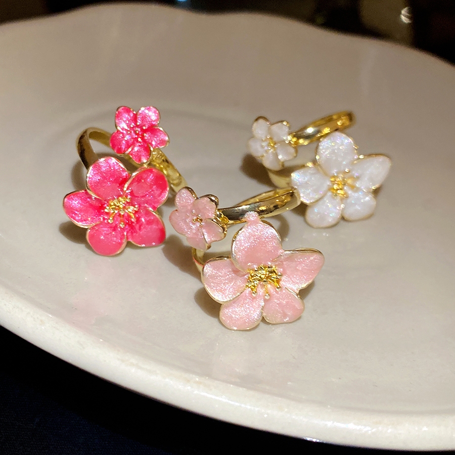 Nhẫn mở tông màu vàng với thiết kế tráng men hoa đôi màu hồng trắng và đỏ Phong cách thanh lịch dành cho nữ Phụ kiện mặc hàng ngày và dự tiệc