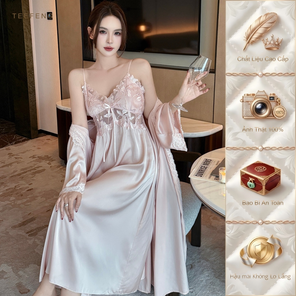 TEEFENG Váy Ngủ Nữ Cao Cấp Ren Lụa Phong Cách Sang Trọng Mùa Hè Mỏng Phong Cách Sling Loungewear