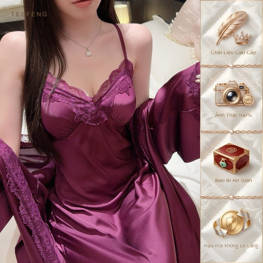 Váy ngủ nữ cao cấp ren lụa phong cách sang trọng Sling Dịch vụ tại nhà mùa hè có miếng đệm ngực