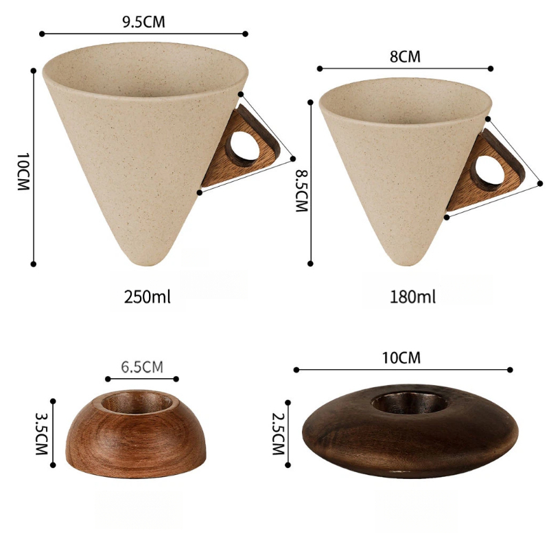 Cốc cà phê gốm hình nón, cốc có tay cầm bằng gỗ và đế