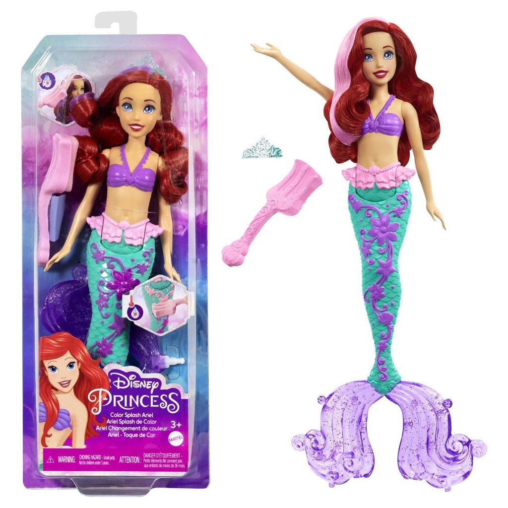‎Đồ chơi công chúa Disney Búp bê nàng tiên cá Ariel với tóc và đuôi đổi màu, Đồ chơi nước bắn màu lấy cảm hứng từ bộ phim HLW00
