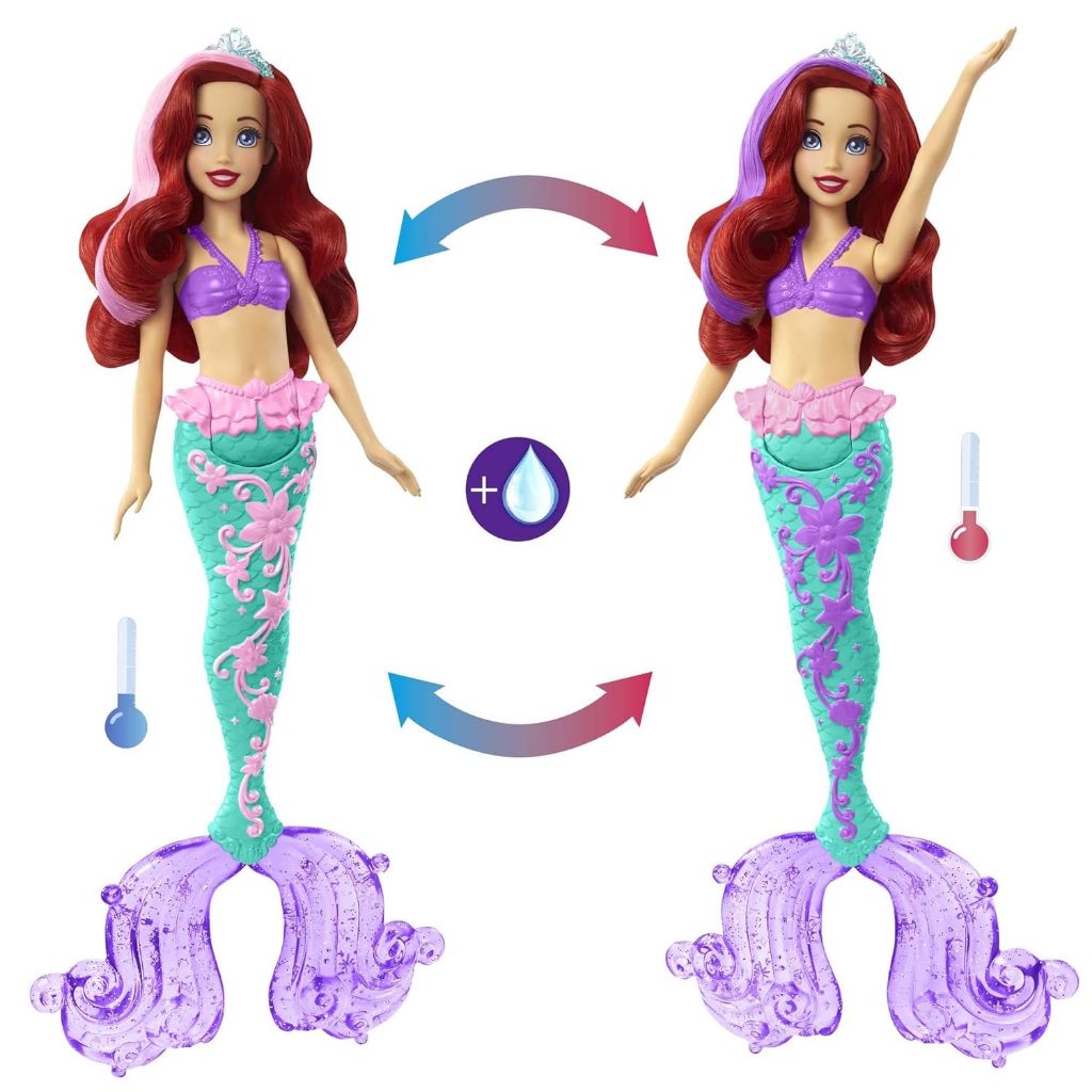 ‎Đồ chơi công chúa Disney Búp bê nàng tiên cá Ariel với tóc và đuôi đổi màu, Đồ chơi nước bắn màu lấy cảm hứng từ bộ phim HLW00