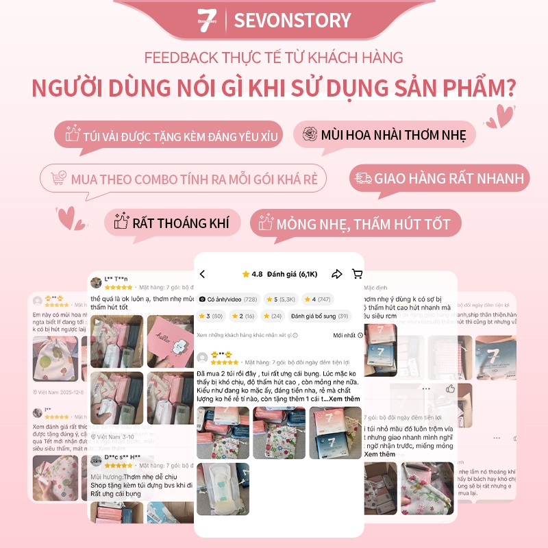 [SevonStory] Bộ Băng vệ sinh ban ngày đêm 7 gói, chống rò rỉ khô, mùi thơm thoáng khí