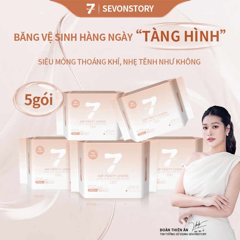 【SevonStory ⑦】Combo 5 gói hàng ngày Băng vệ sinh  siêu mỏng < 0.1cm, với  chiều dài 15.5cm (21 miếng/gói). Hương hoa tinh tế, thơm nhẹ và lưu hương dài lâu. Băng vệ sinh tàng hình.