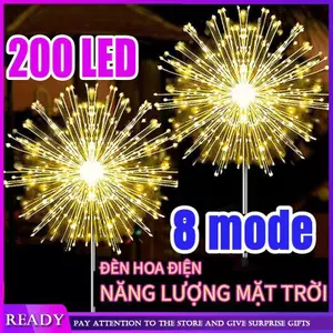 200 LED pháo hoa năng lượng mặt trời IP65 chống nước ngoài trời 8 chế độ dây đồng cảm biến ánh sáng sân vườn lối đi sân cỏ