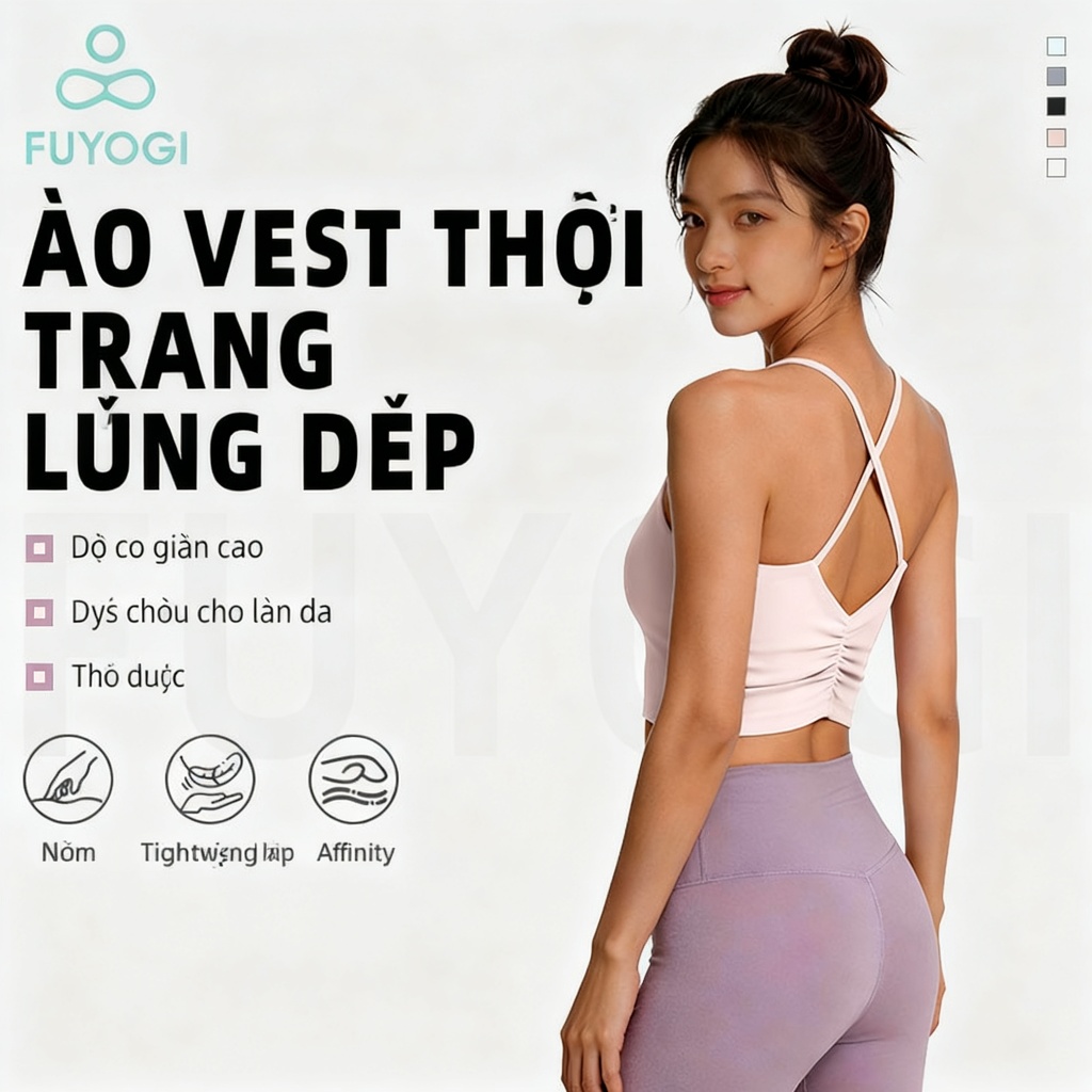 FUYOGI Thể Thao Cami Yoga Pilates Tập Thể Dục Dây Đeo Chéo Lưng Shirring Thiết Kế Áo Ngực Tích Hợp