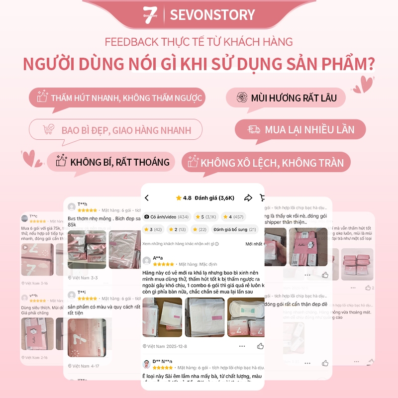【SevonStory ⑦】Combo 6 gói ban ngày Băng vệ sinh  24.5cm (7 miếng/gói), tích hợp chip bạc hà mát lạnh dễ chịu. Hương hoa tinh tế, thơm nhẹ và lưu hương lâu . Chất liệu mềm mại, thấm hút nhanh sau 3 giây. Băng vệ sinh tàng hình.