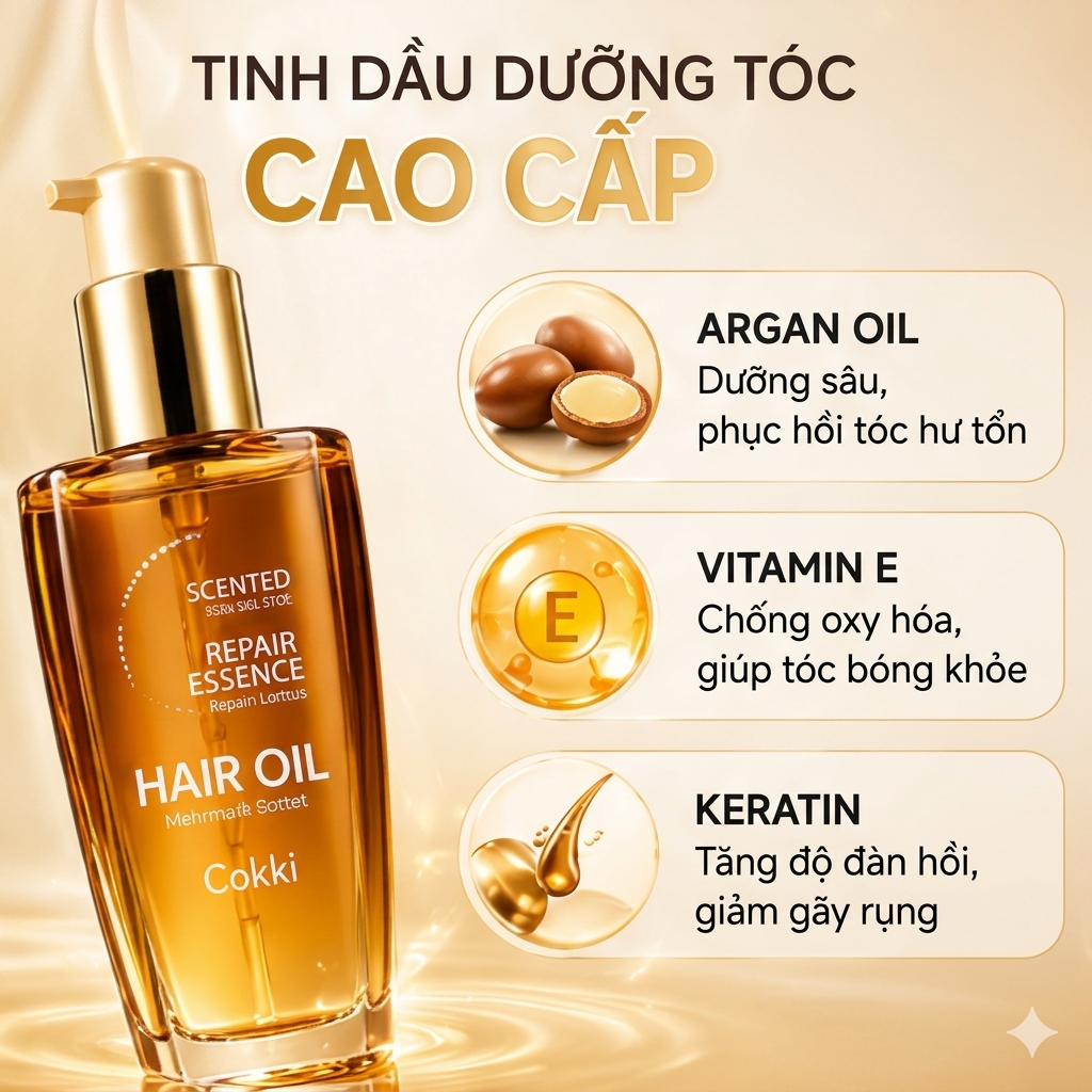 Cokki Dầu dưỡng tóc 100ml - Không bết dính, mềm mượt - Giảm gãy rụng, phục hồi hư tổn, dưỡng sâu - Bảo vệ nhiệt, thơm lưu lâu