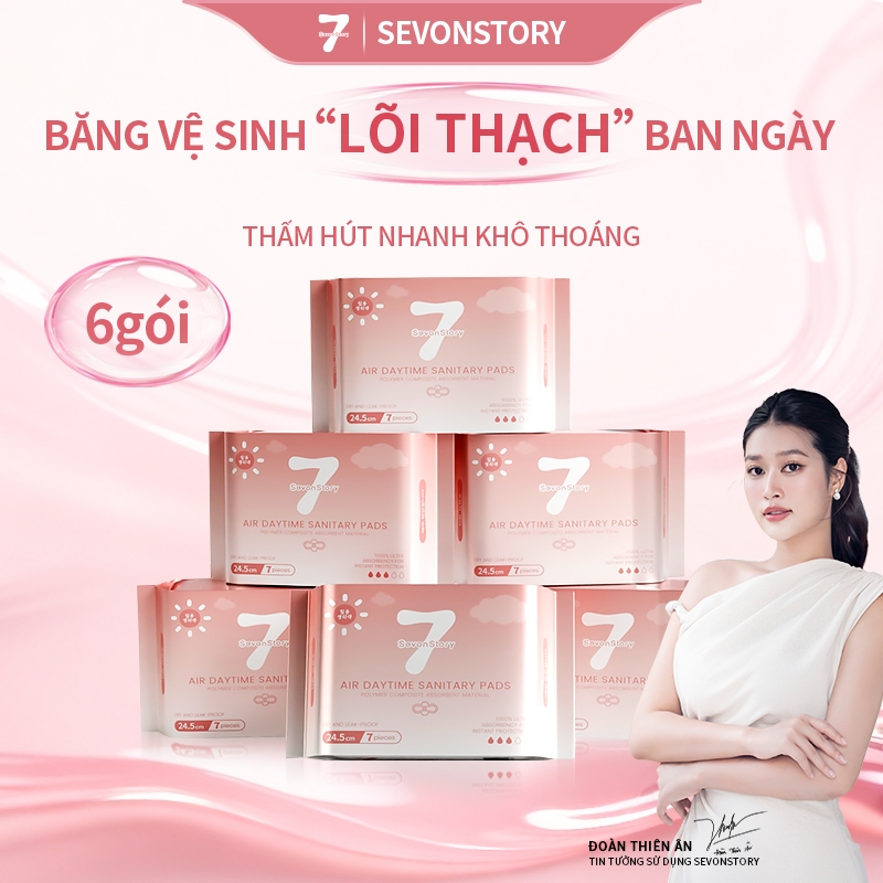 【SevonStory ⑦】Combo 6 gói ban ngày Băng vệ sinh  24.5cm (7 miếng/gói), tích hợp chip bạc hà mát lạnh dễ chịu. Hương hoa tinh tế, thơm nhẹ và lưu hương lâu . Chất liệu mềm mại, thấm hút nhanh sau 3 giây. Băng vệ sinh tàng hình.