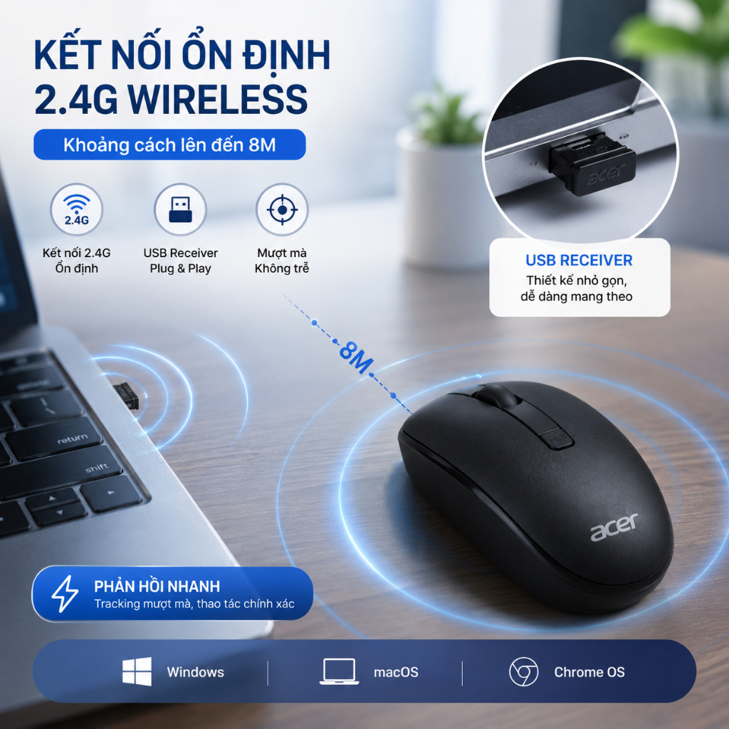 Acer Chuột Không Dây 2.4G Im Lặng Ergonomic Chuột Cho Laptop PC Windows Mac OS Chuột USB-A Đầu Thu DPI Chế Độ Ngủ Tự Động M404 | BigBuy360 - bigbuy360.vn