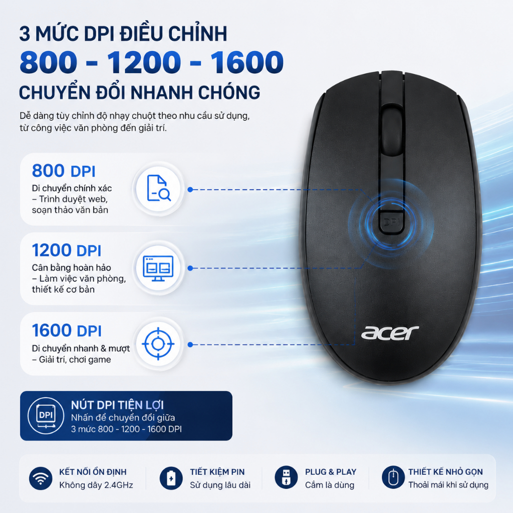 Acer Chuột Không Dây 2.4G Im Lặng Ergonomic Chuột Cho Laptop PC Windows Mac OS Chuột USB-A Đầu Thu DPI Chế Độ Ngủ Tự Động M404 | BigBuy360 - bigbuy360.vn
