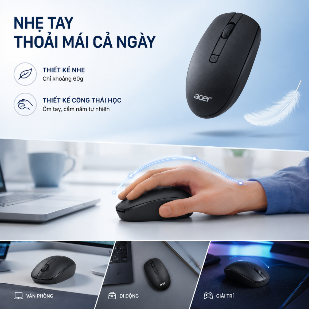 Acer Chuột Không Dây 2.4G Im Lặng Ergonomic Chuột Cho Laptop PC Windows Mac OS Chuột USB-A Đầu Thu DPI Chế Độ Ngủ Tự Động M404 | BigBuy360 - bigbuy360.vn