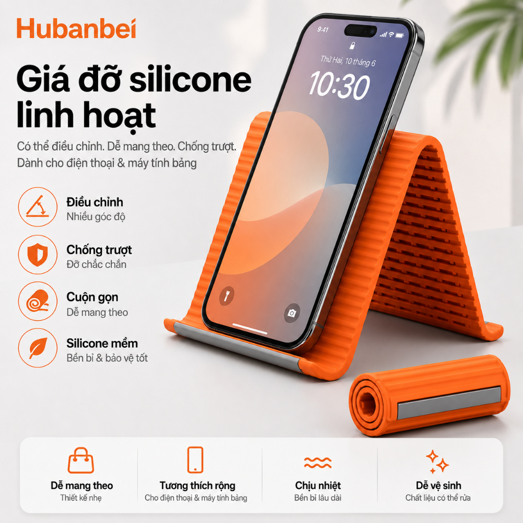 Giá đỡ điện thoại silicone gập gọn nâng cấp | Siêu mỏng, dễ mang theo, khung nhôm điều chỉnh linh hoạt | Dùng cho bàn làm việc & du lịch