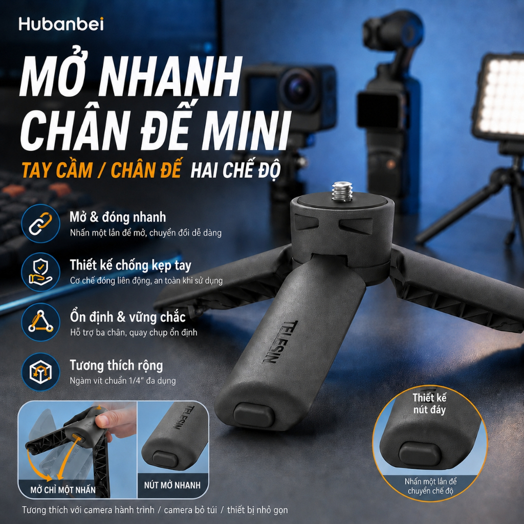 Chân máy mini kiêm tay cầm cho máy ảnh và điện thoại DJI Osmo Pocket 3/4  Giá đỡ để bàn kiêm tay cầm mở nhanh một chạm với vít 1/4 inch, dùng cho action camera, điện thoại và thiết bị kỹ thuật số