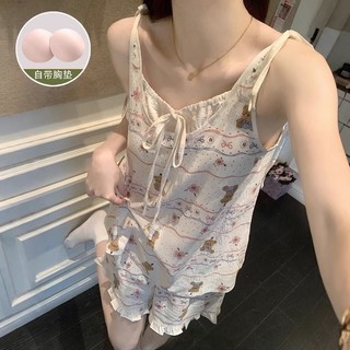 Phim hoạt hình Gấu với Ngực Thảm Pyjama Nữ Nơ Rời Bộ Quần Áo Nhà