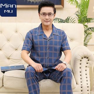 Bộ Đồ Ngủ Mùa Hè Phù Hợp Với Cotton Nam Tay Ngắn Mỏng Mùa Hè Người Trung Niên Và Người Cao Tuổi Mặc Ở Nhà