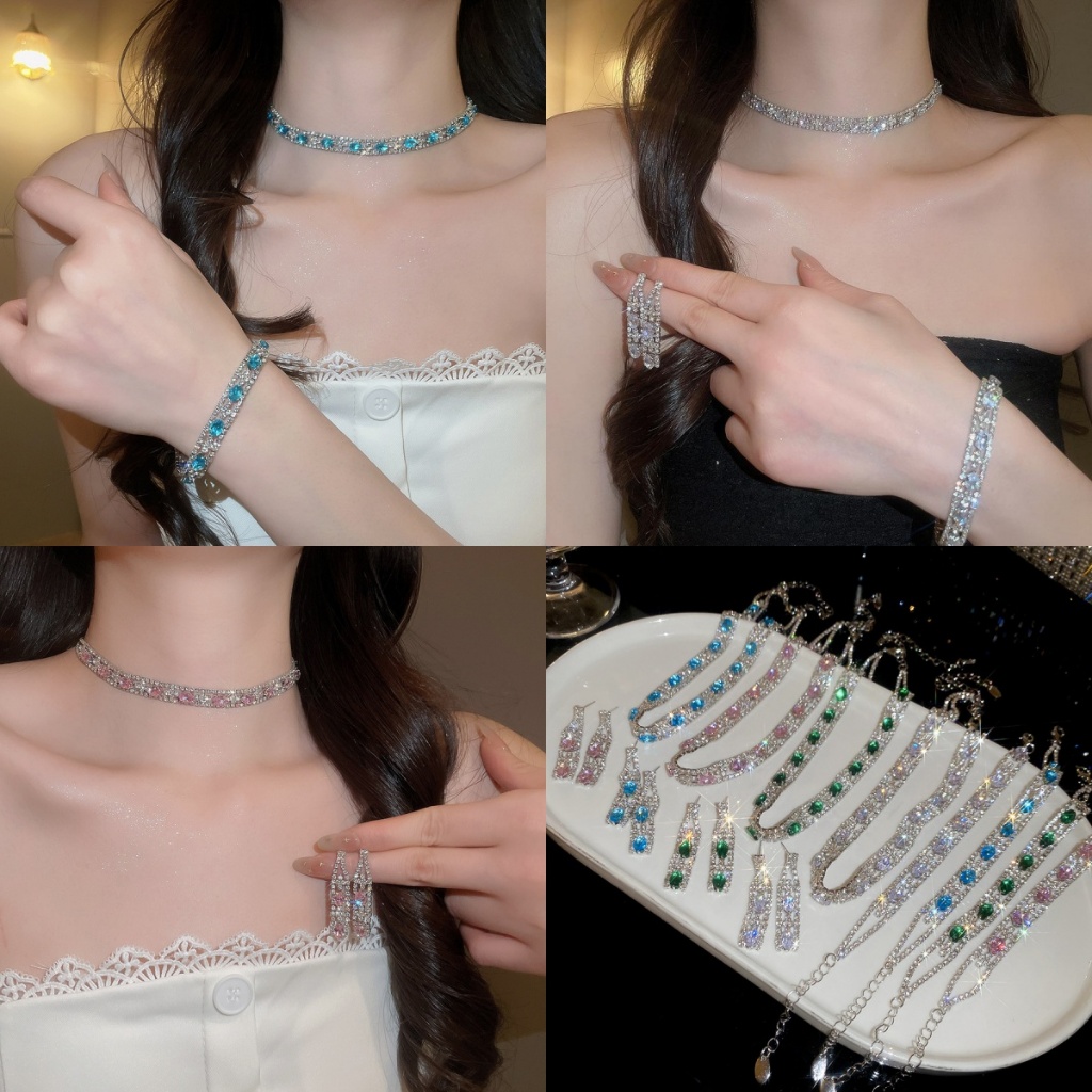 Bộ trang sức 3 mảnh Cubic Zirconia lát đầy đủ tông màu bạc, Vòng cổ Choker, Bông tai thả & Vòng tay Tennis, Bộ tuyên bố sang trọng dành cho nữ