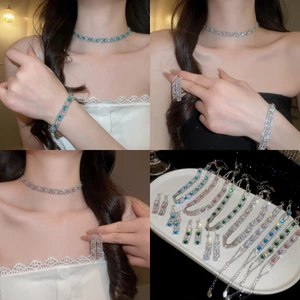 Bộ trang sức 3 mảnh Cubic Zirconia lát đầy đủ tông màu bạc, Vòng cổ Choker, Bông tai thả & Vòng tay Tennis, Bộ tuyên bố sang trọng dành cho nữ