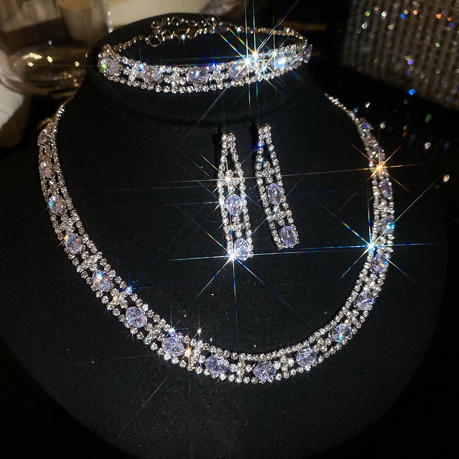 Bộ trang sức 3 mảnh Cubic Zirconia lát đầy đủ tông màu bạc, Vòng cổ Choker, Bông tai thả & Vòng tay Tennis, Bộ tuyên bố sang trọng dành cho nữ